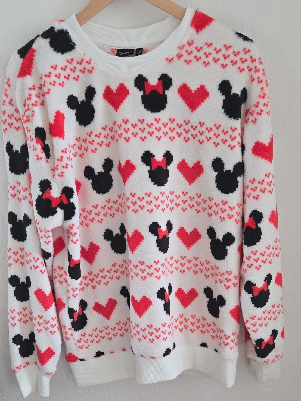 Disney White Sweater with Black Mouse Silhouettes and Red Hearts Never Worn